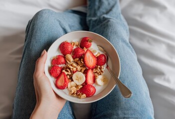 Person holding a bowl of yogurt topped with strawberries, bananas, and walnuts on white bedding