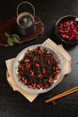 Chinese Stir-Fried Preserved Vegetables with Peanuts Traditional Asian Cuisine Dark Wooden Table Setting