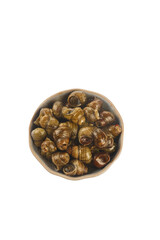 Cooked Escargot Snails in Bowl - French Gourmet Delicacy Food on White Background