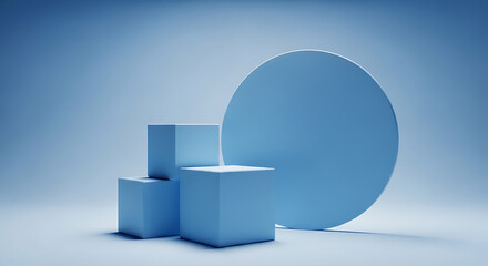 Fototapeta premium Three blue cubes and a large blue circle on a light blue background, abstract geometric composition