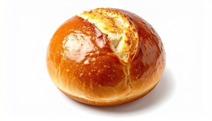 Golden-brown, freshly baked bread roll with a textured crust, sitting on a clean white surface, casting a soft shadow