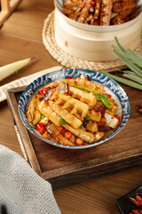 Stir-Fried Bamboo Shoots with Smoked Bacon and Pork in Traditional Chinese Porcelain Bowl