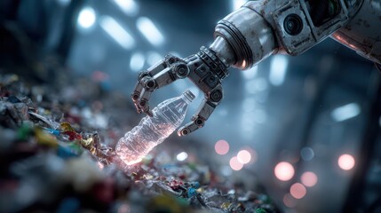 Robotic hand carefully lifting a plastic bottle from scattered garbage in a recycling plant, highlighting artificial intelligence, waste management, and environmental sustainability