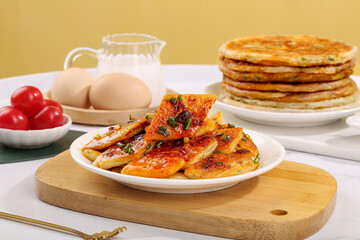 Traditional Chinese Tujia Thousand Layer Cake Slices with Fresh Ingredients Asian Cuisine Food Photography