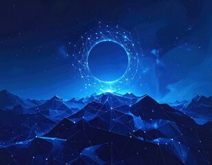An ethereal, dark blue digital art landscape of networked mountains with a glowing, circular portal under a starry sky