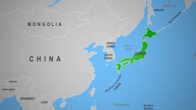 Japan Country Displayed on World Map 2D Animation East Asia Geography