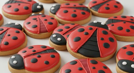 Charming ladybug-shaped cookies, decorated with vibrant red icing and black polka dots, display intricate detail on a white surface.