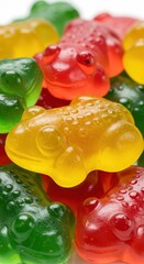 Close-up view of colorful jelly candies shaped like frogs, showcasing vibrant green, red, and yellow hues.