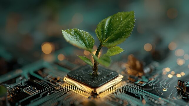 Young green plant sprouting from a glowing microchip on a circuit board representing eco technology, innovation, and the fusion of nature with digital progress