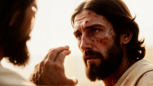 Healing encounter with man suffering from leprosy, looking with hope and faith