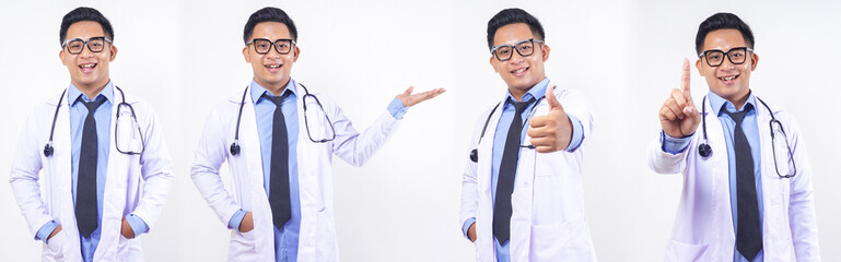 Set collection or collage of handsome Asian male doctor with stethoscope showing different poses isolated on transparent background