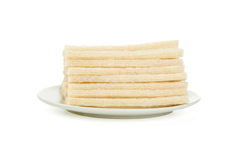 Handmade Dried Beef Tendon Noodles from Henan Province Stacked on White Plate