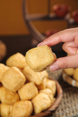 Golden Fried Tofu Cubes - Hand Holding Crispy Plant-Based Protein for Asian Cuisine and Vegetarian Cooking