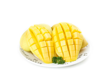 Golden Mango Slices Arranged on White Plate - Fresh Tropical Fruit Display