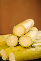 Fresh Sugar Cane Stalks Cut Cross Section Display Yellow Green Natural Sweet Crop Detail