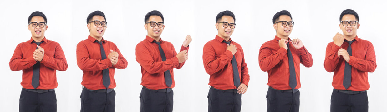 Set collection or collage of Asian male office worker businessman in formal shirt isolated on transparent background