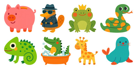 Obraz premium PNG Colorful cartoon animal characters, element set on transparent background
