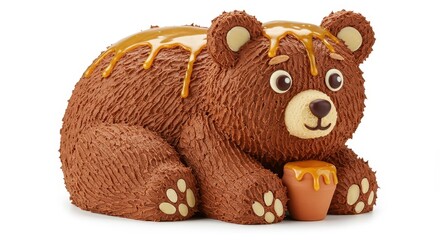 A charming, brown bear-shaped cake, decorated with caramel drizzle and a honey pot, sits against a plain white background.