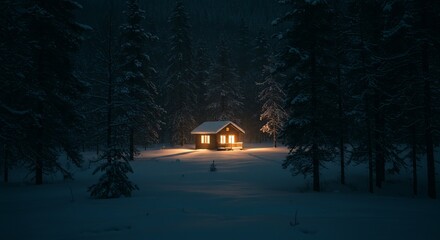 Cozy cabin glows warmly in a serene, snow-covered forest at twilight