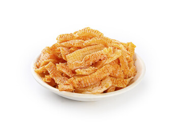 Spicy Konjac Tripe Strips - Golden Crispy Asian Vegetarian Food on White Plate