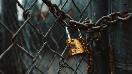 Rusty padlock on a chain-link fence