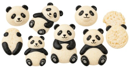 Naklejka premium Cute panda-shaped treats arranged on a white background.