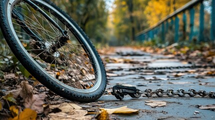 Closeup rusty bicycle wheel on autumn leaves path