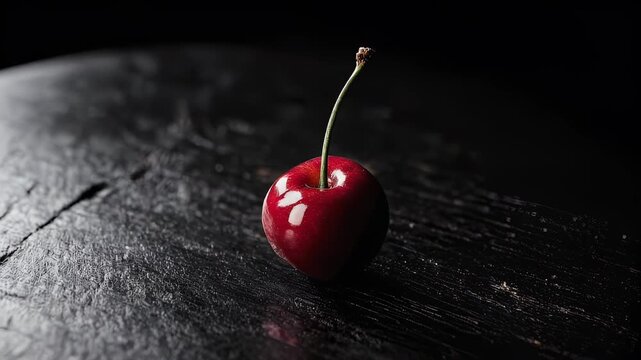 Single cherry on dark wood