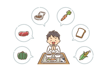 給食の前で手を合わせていただきますをしている男の子（フルカラー）