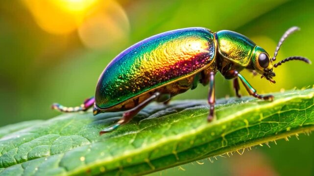 Iridescent Jewel Beetle Crawling on a Vibrant Green Leaf in Natural Sunlight