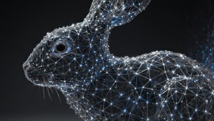 Stunning abstract digital rabbit sculpture glows with futuristic blue light, symbolizing innovation and speed in a dark, modern space.