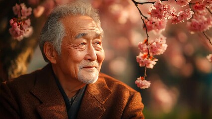 Elderly man enjoying cherry blossoms in spring park - Powered by Adobe