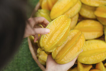 Fresh Yellow Star Fruit at Market in Zhangzhou, Fujian China - Ripe Tropical Carambola