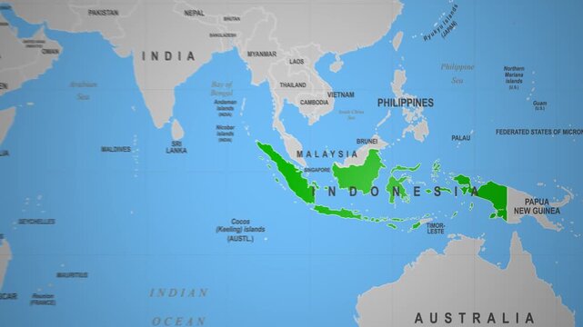 Indonesia Territory Marked on World Map 2D Animation Southeast Asia