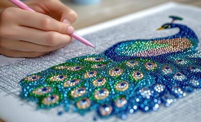 Obraz premium Close-up of hands applying rhinestones to a peacock design on a gridded surface