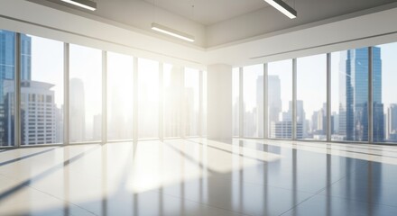 Spacious Modern Empty Office with Panoramic Cityscape View and Bright Sunlight, Ready for Business Growth