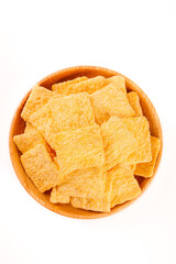 Crispy Golden Corn Tortilla Chips in Wooden Bowl on White Background