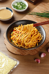 Wuhan Hot Dry Noodles - Special Lye Water Ramen with Chopsticks and Traditional Chinese Garnishes