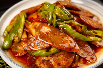 Szechuan Handmade Pork Sausage Stir Fry with Green Peppers - Spicy Chinese Cuisine Dish