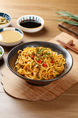 Wuhan Hot Dry Noodles with Sesame Sauce and Special Condiments - Traditional Chinese Street Food