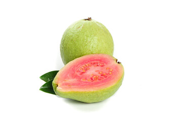 Fresh Red Guava Fruit Sliced Showing Pink Flesh and Seeds Isolated on White Background