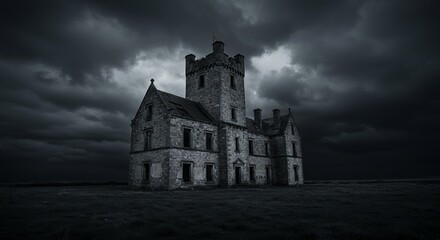 Haunting stone manor under dramatic dark stormy skies with eerie atmosphere