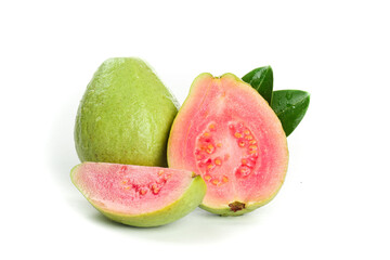 Fresh Pink Guava Fruit Sliced Open with Green Leaves on White Background - Guangxi Tropical Produce