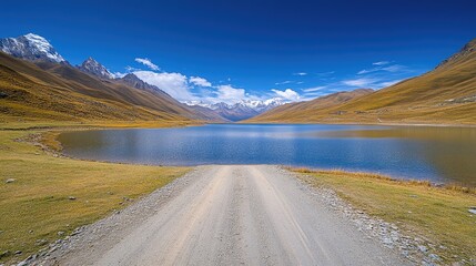 Mountain lake vista, dirt road