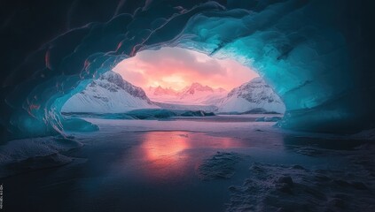 Ice cave portal to sunrise