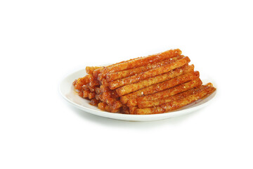 Handmade Spicy Chorizo Sausage Sticks on White Plate - Traditional Meat Snack Food