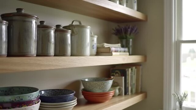 Wooden shelves with kitchenware