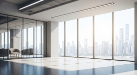 Fototapeta premium Bright Empty Modern Office Interior with Panoramic City Skyline View and Ample Copyspace