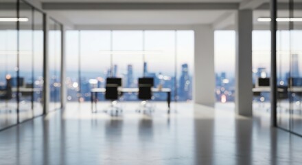 Fototapeta premium Modern Blurred Empty Office Interior with Panoramic Cityscape View at Dusk