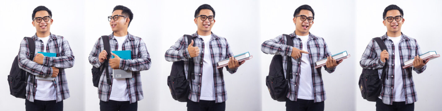 Set collection or collage of handsome Asian student in casual style holding book isolated on white background